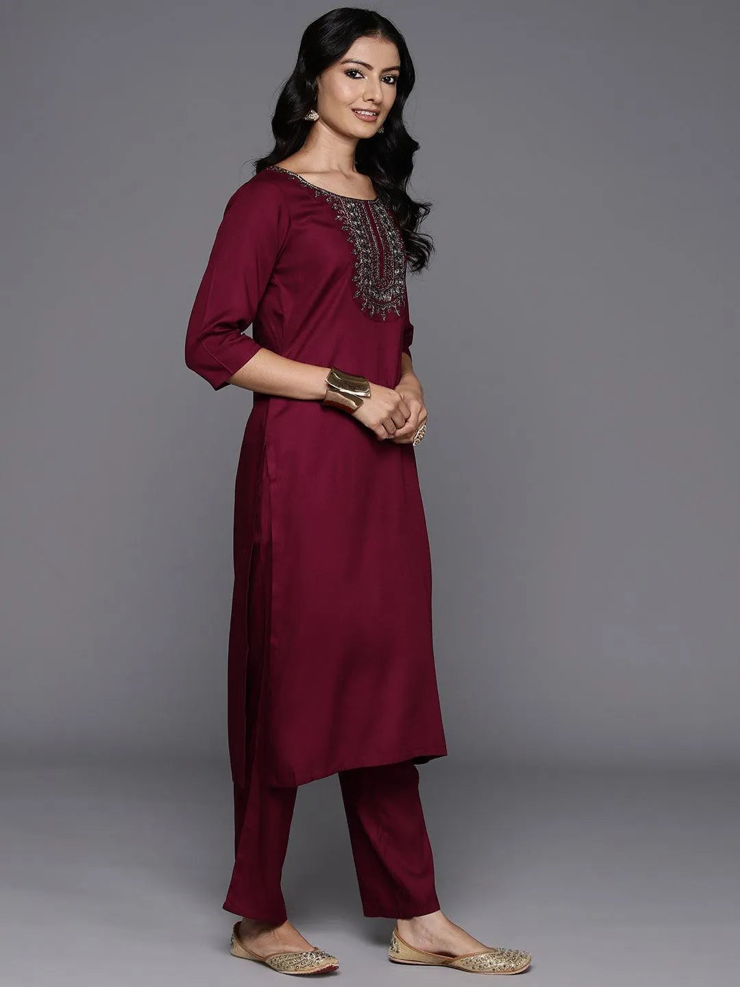 Anouk Maroon Yoke Design Wool Blend Straight Kurta Set