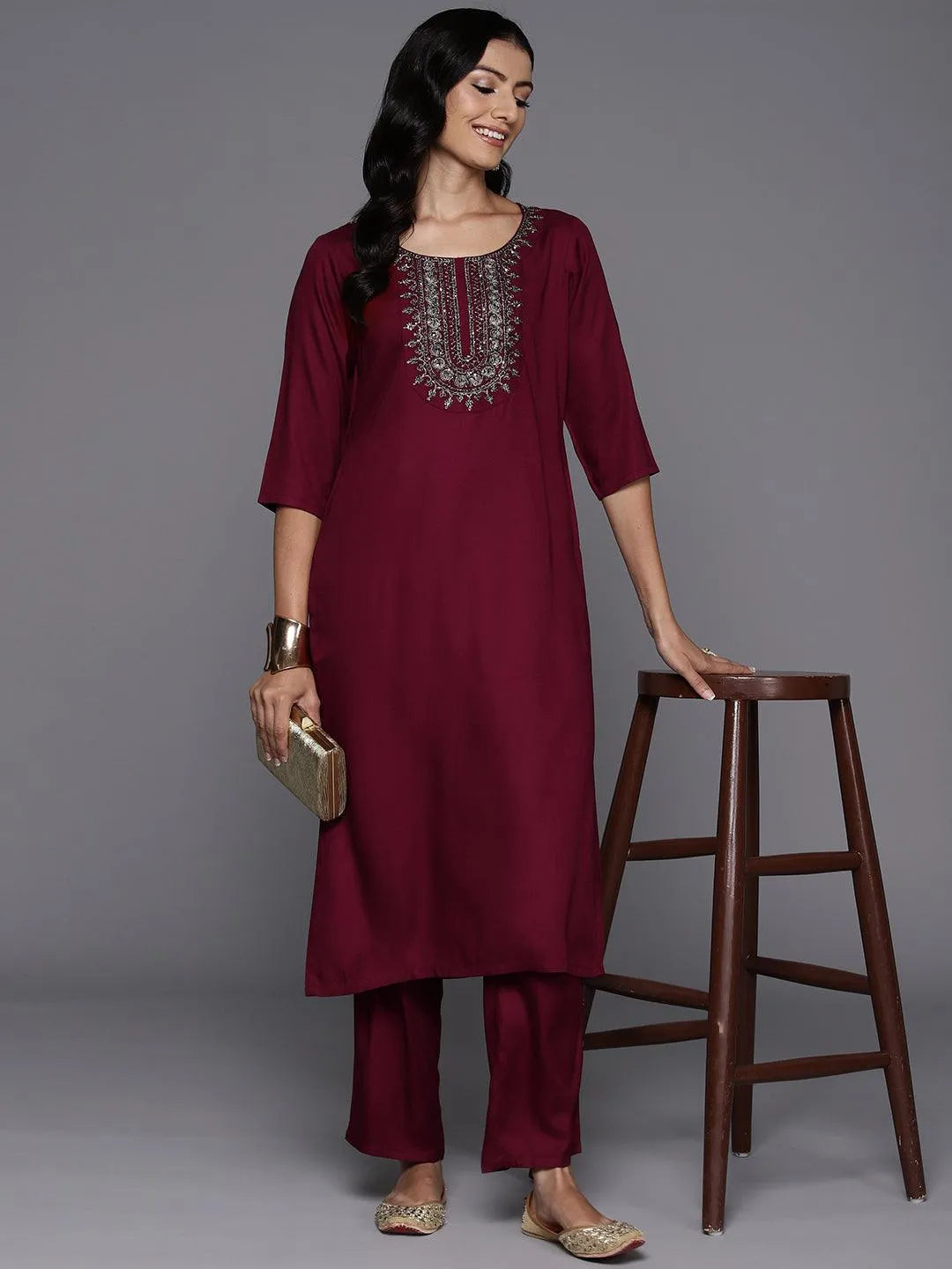 Anouk Maroon Yoke Design Wool Blend Straight Kurta Set