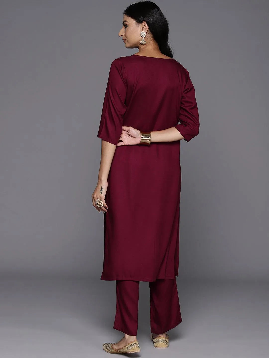 Anouk Maroon Yoke Design Wool Blend Straight Kurta Set