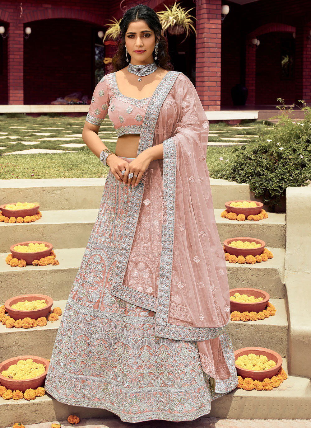 Light-Peach Embroidered Organza Semi Stitched Lehenga