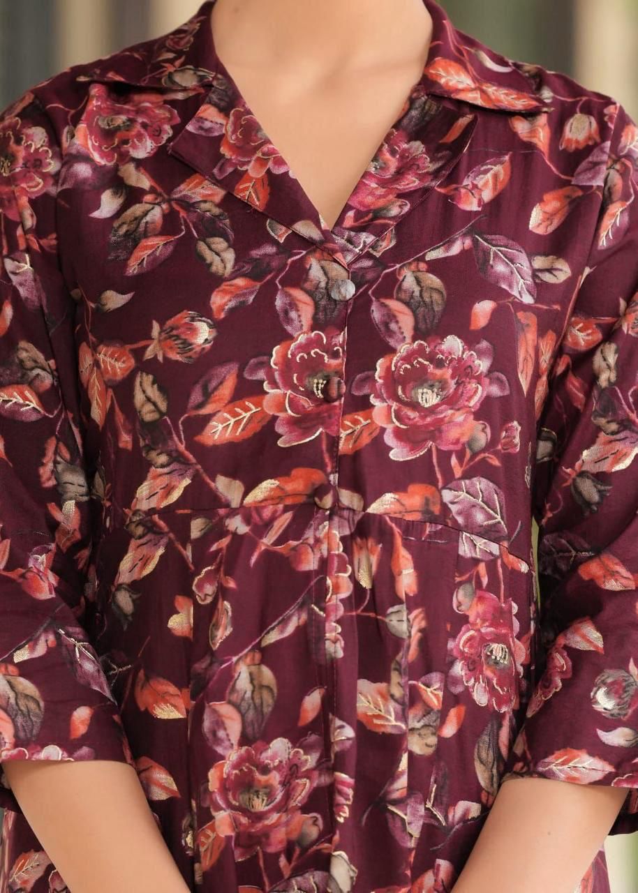 Maslin Foil Print Tunic Style Long Co-Ord Set with Collar