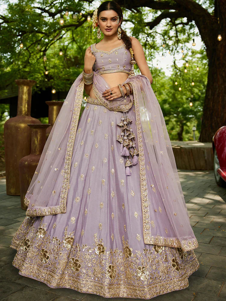 Mauve Chiffon Semi-Stitched Lehenga Choli Set with Heavy Sequin & Embroidery