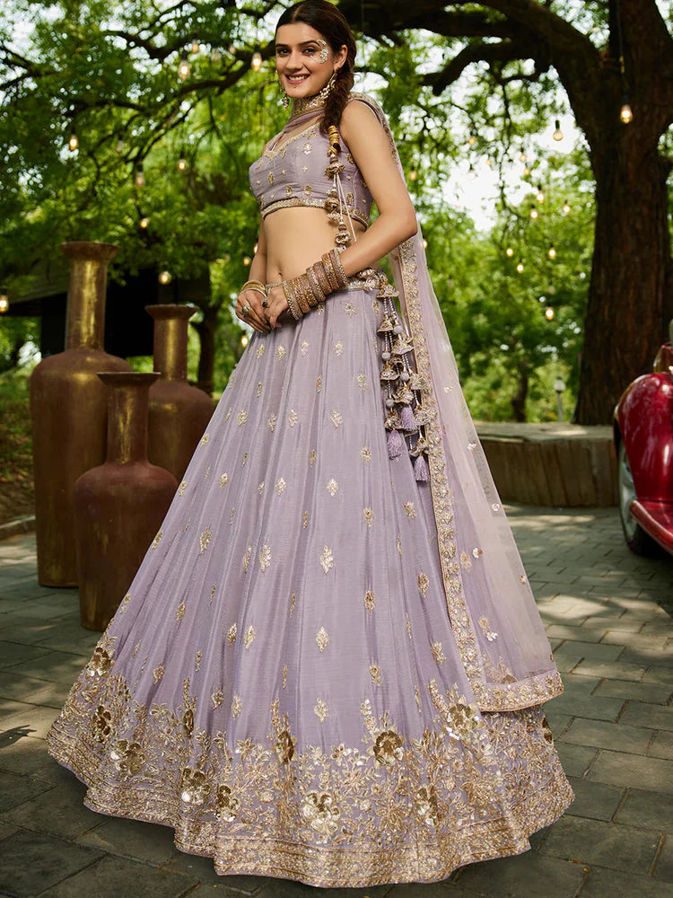 Mauve Chiffon Semi-Stitched Lehenga Choli Set with Heavy Sequin & Embroidery