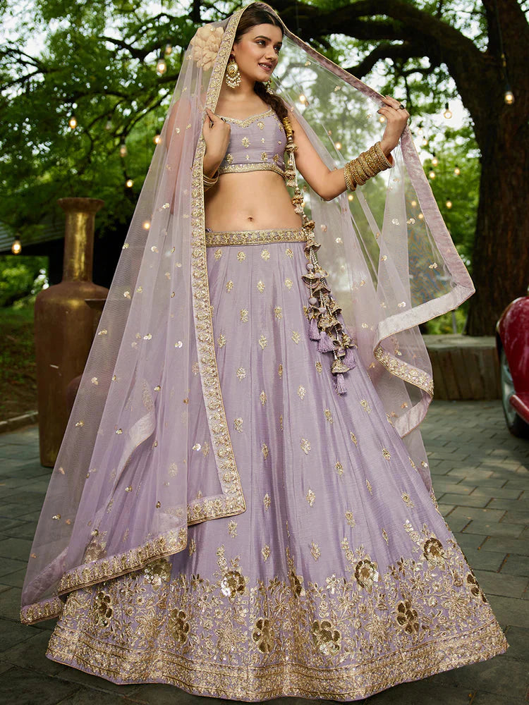 Mauve Chiffon Semi-Stitched Lehenga Choli Set with Heavy Sequin & Embroidery