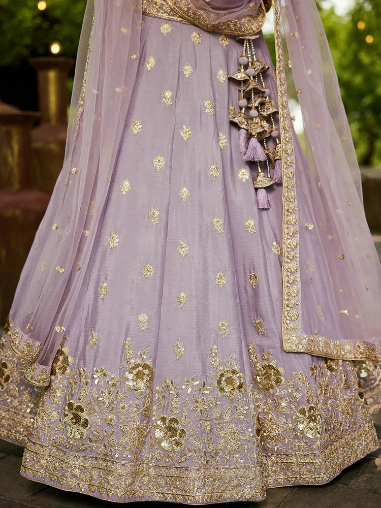 Mauve Chiffon Semi-Stitched Lehenga Choli Set with Heavy Sequin & Embroidery