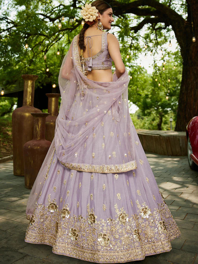 Mauve Chiffon Semi-Stitched Lehenga Choli Set with Heavy Sequin & Embroidery