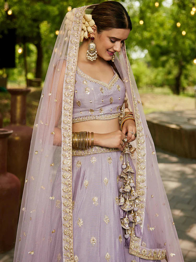 Mauve Chiffon Semi-Stitched Lehenga Choli Set with Heavy Sequin & Embroidery