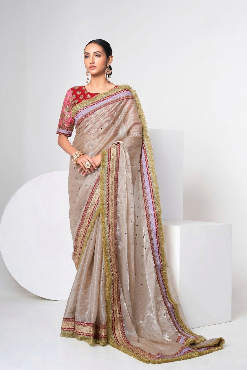 Mauve Designer Saree with Heavy Zari, Dori & Multi-Size Sequins Work | Bangalori Silk Blouse