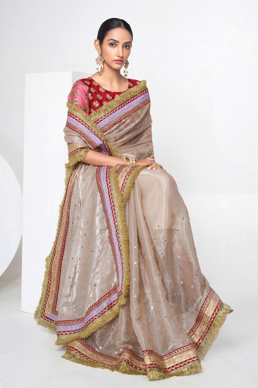 Mauve Designer Saree with Heavy Zari, Dori & Multi-Size Sequins Work | Bangalori Silk Blouse