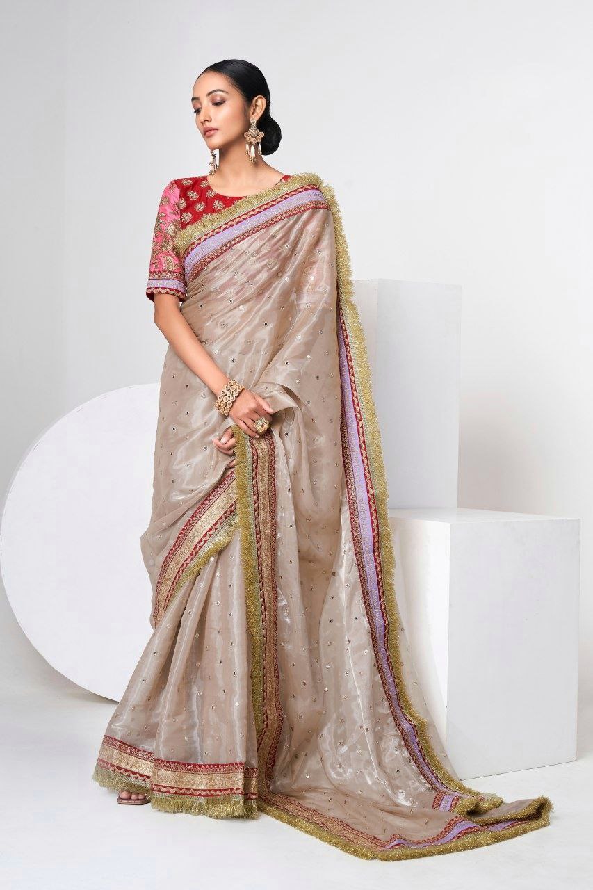 Mauve Designer Saree with Heavy Zari, Dori & Multi-Size Sequins Work | Bangalori Silk Blouse