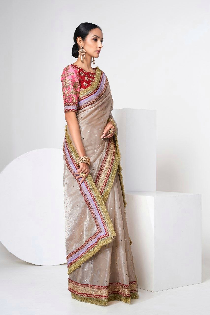Mauve Designer Saree with Heavy Zari, Dori & Multi-Size Sequins Work | Bangalori Silk Blouse