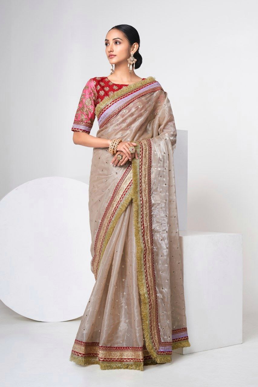 Mauve Designer Saree with Heavy Zari, Dori & Multi-Size Sequins Work | Bangalori Silk Blouse