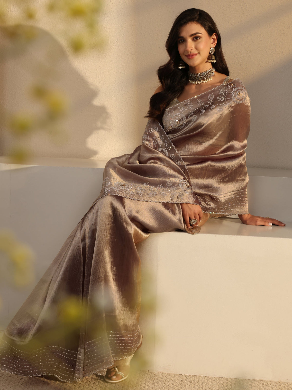 Anouk Mauve Embellished Chiffon Saree With Unstitched Blouse Piece