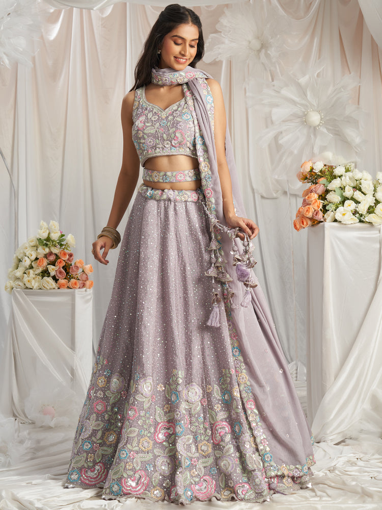 Mauve Pure Chiffon Sequins and thread embroidery Semi-Stitched Lehenga choli & Dupatta