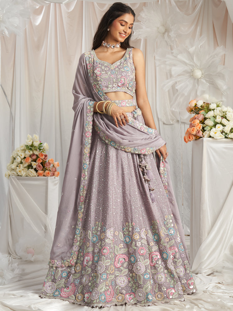 Mauve Pure Chiffon Sequins and thread embroidery Semi-Stitched Lehenga choli & Dupatta