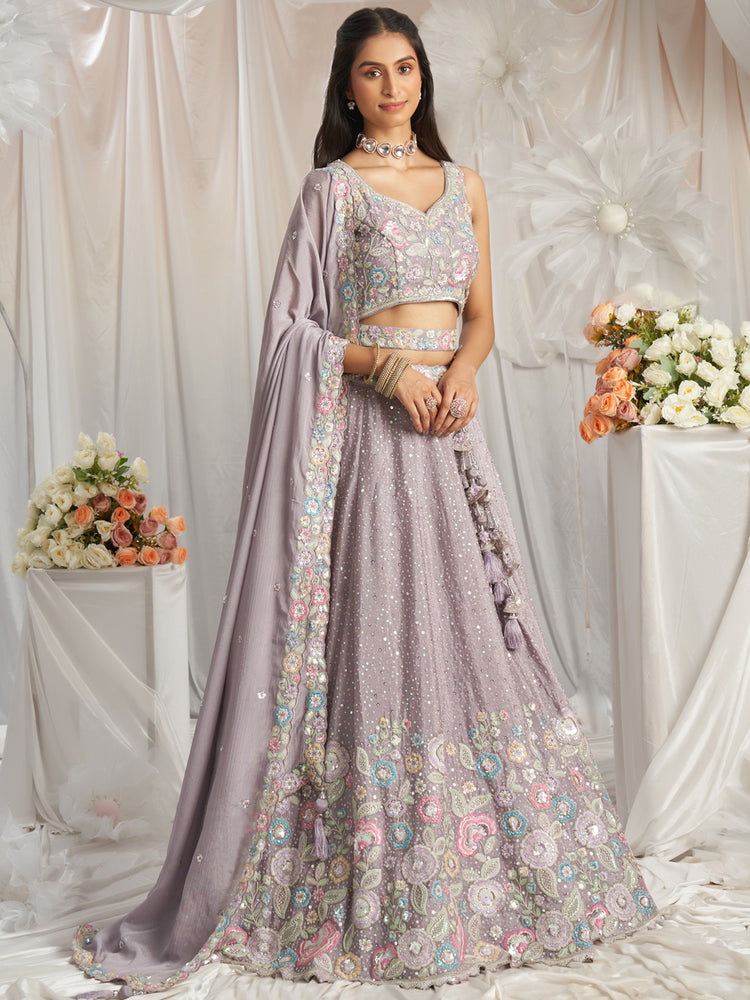 Mauve Pure Chiffon Sequins and thread embroidery Semi-Stitched Lehenga choli & Dupatta