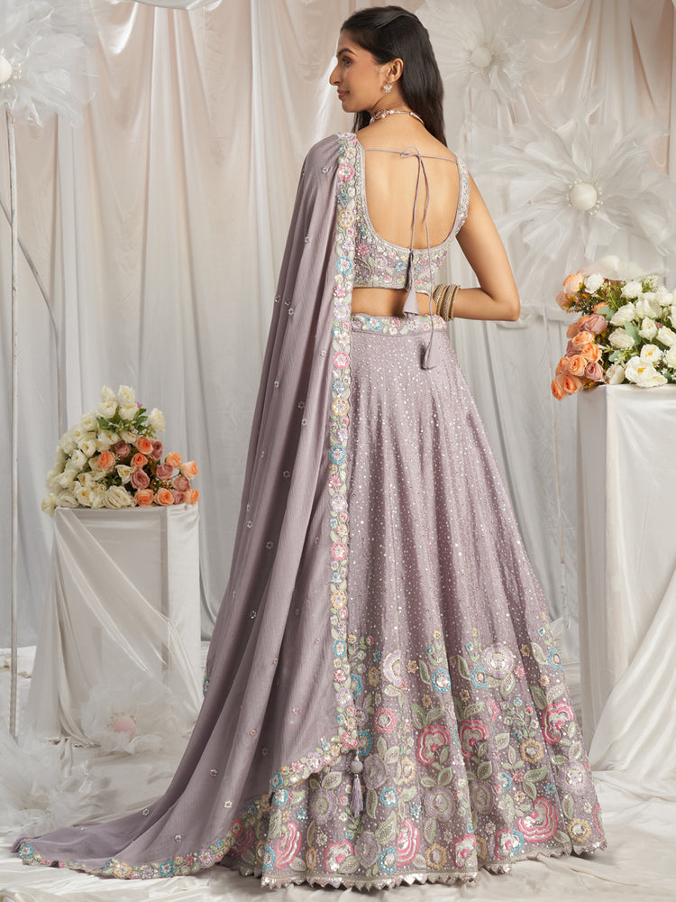 Mauve Pure Chiffon Sequins and thread embroidery Semi-Stitched Lehenga choli & Dupatta