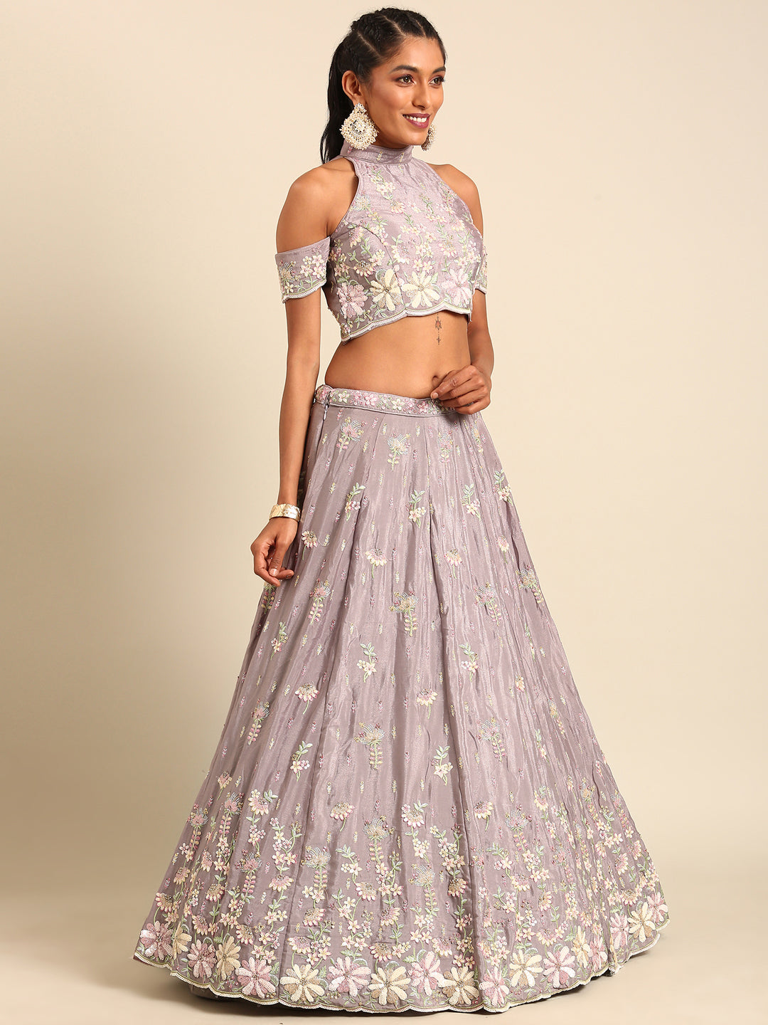 Mauve Pure Georgette Sequins with heavy Zarkan embroidery Semi-Stitched Lehenga choli & Dupatta