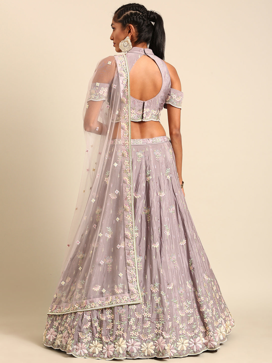 Mauve Pure Georgette Sequins with heavy Zarkan embroidery Semi-Stitched Lehenga choli & Dupatta