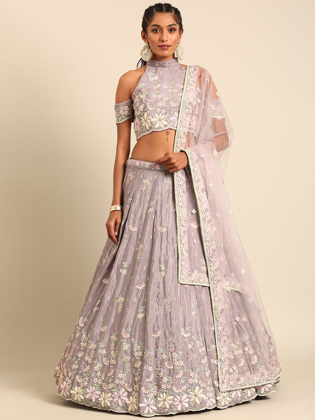 Mauve Pure Georgette Sequins with heavy Zarkan embroidery Semi-Stitched Lehenga choli & Dupatta