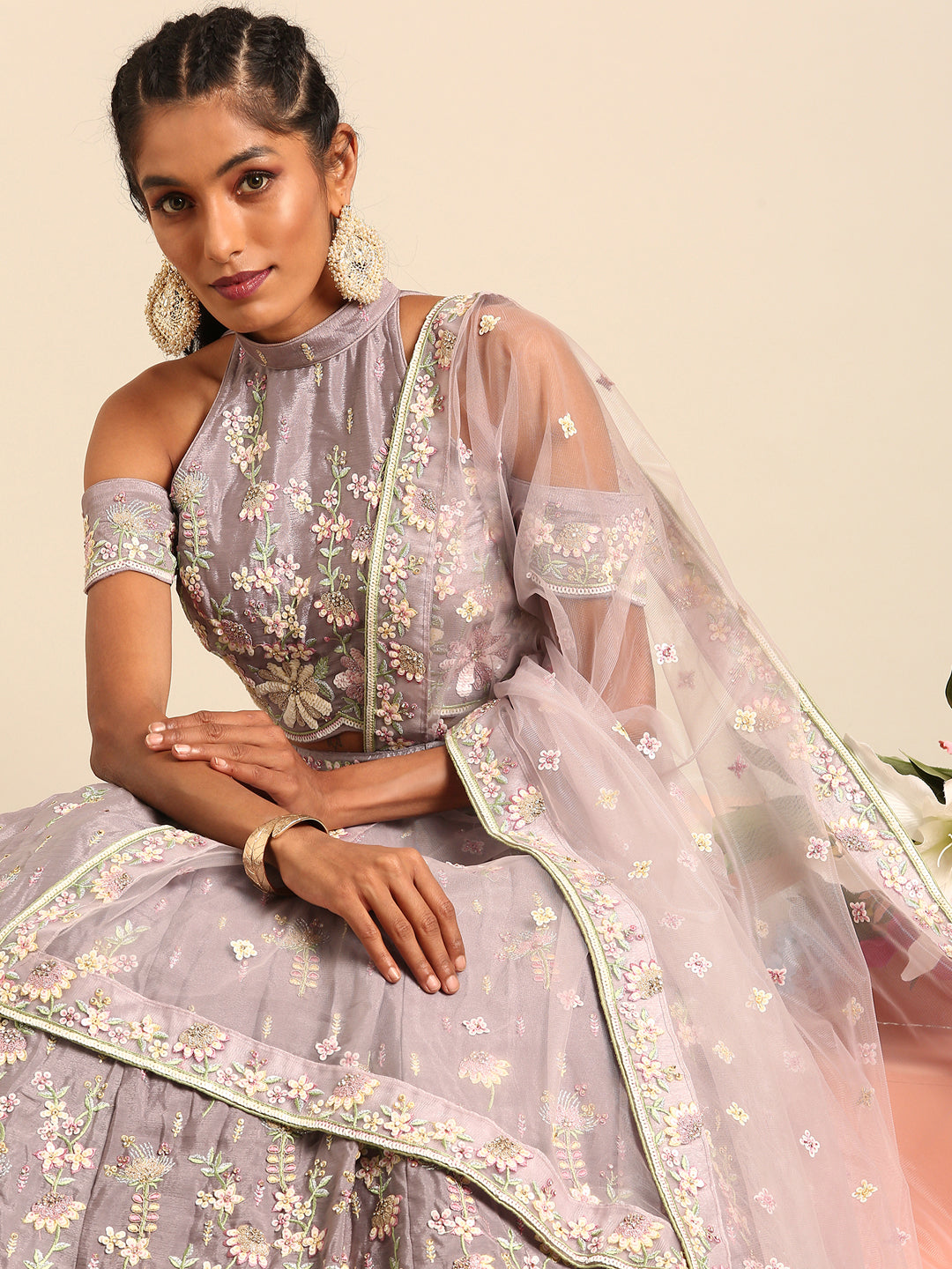 Mauve Pure Georgette Sequins with heavy Zarkan embroidery Semi-Stitched Lehenga choli & Dupatta