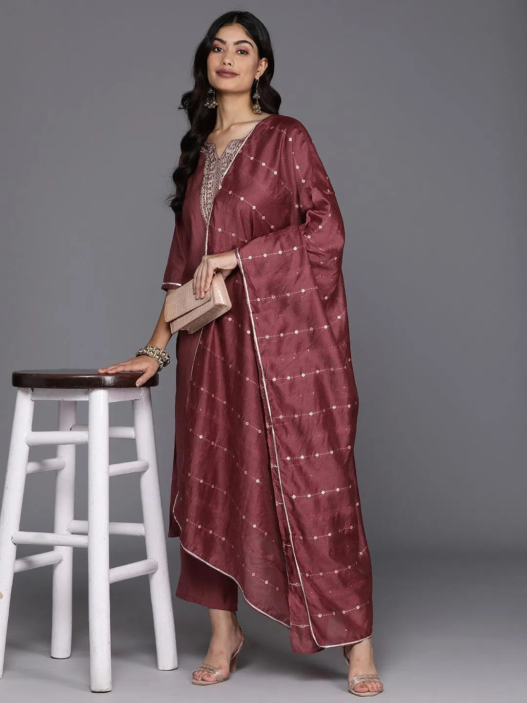 Anouk Mauve Yoke Design Silk Blend Straight Suit With Dupatta