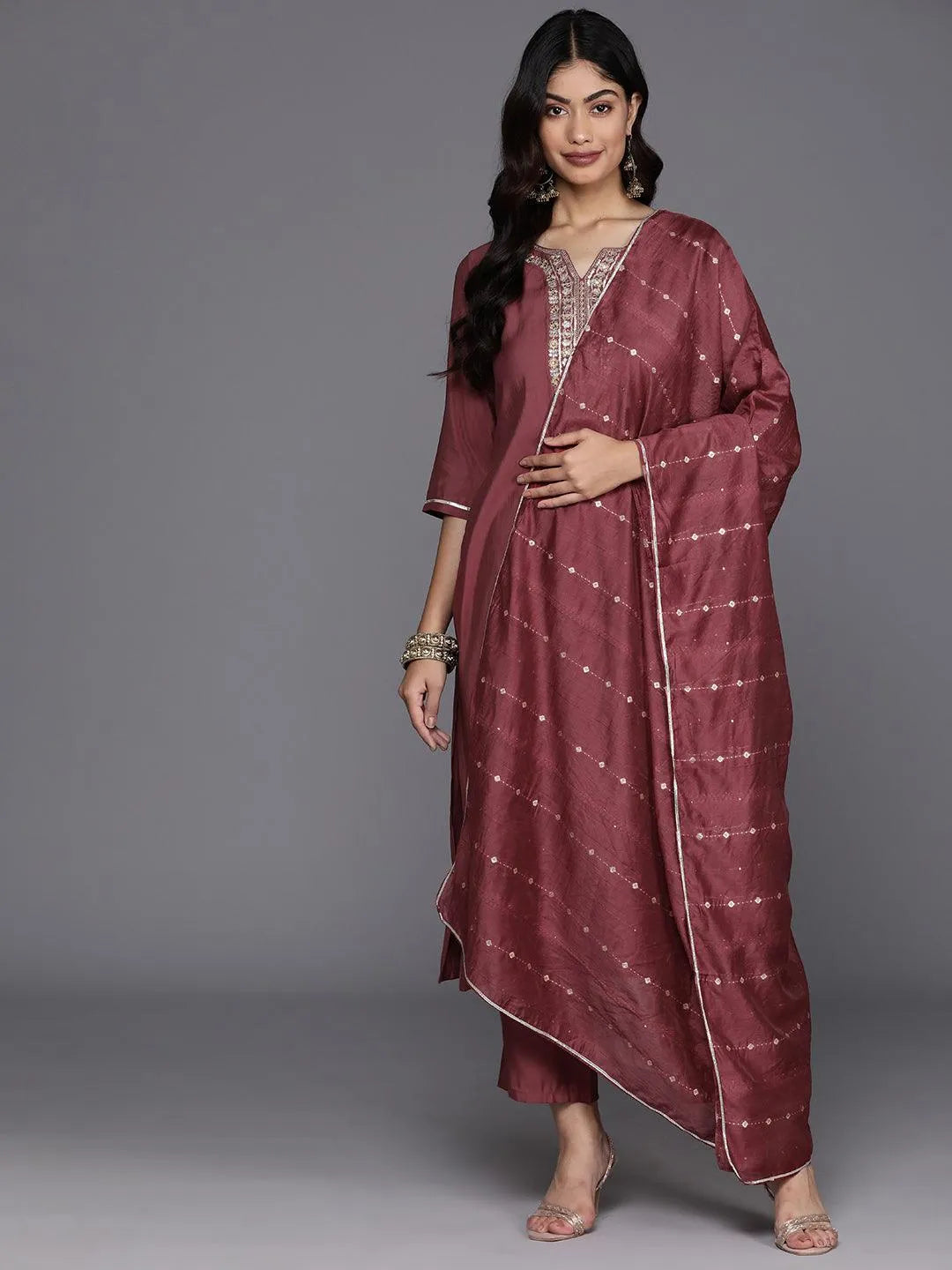 Anouk Mauve Yoke Design Silk Blend Straight Suit With Dupatta