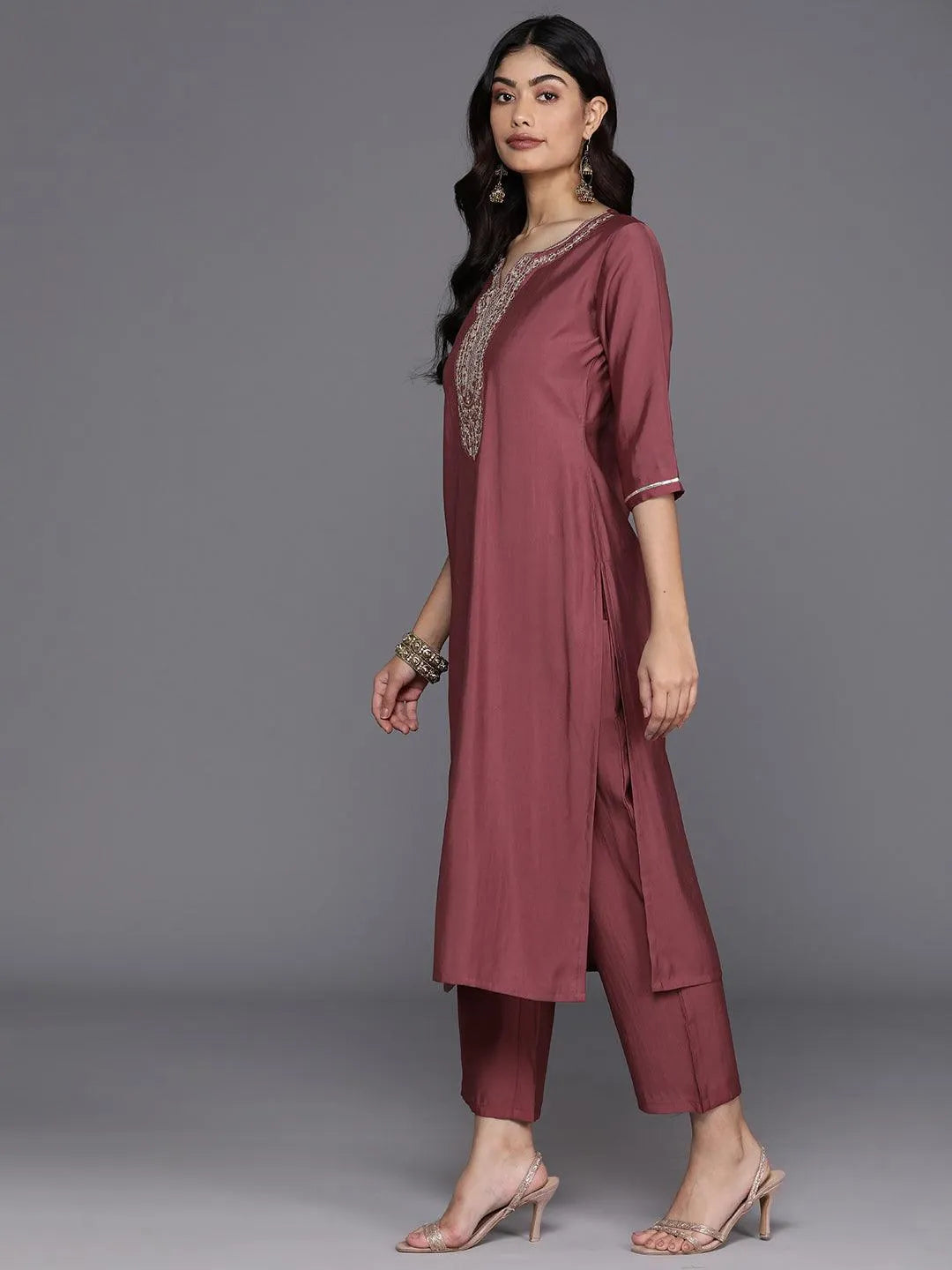 Anouk Mauve Yoke Design Silk Blend Straight Suit With Dupatta