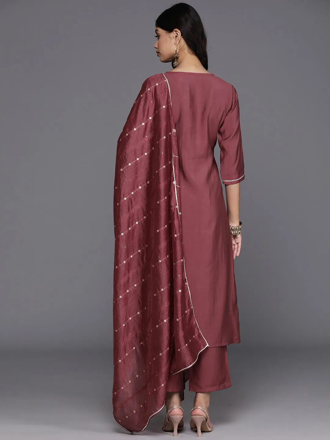 Anouk Mauve Yoke Design Silk Blend Straight Suit With Dupatta