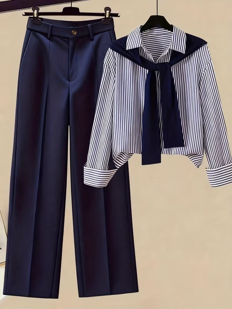 Women’s Autumn 3-Piece Outfit Set – Striped Scarf, Casual Shirt & High-Waist Wide-Leg Pants