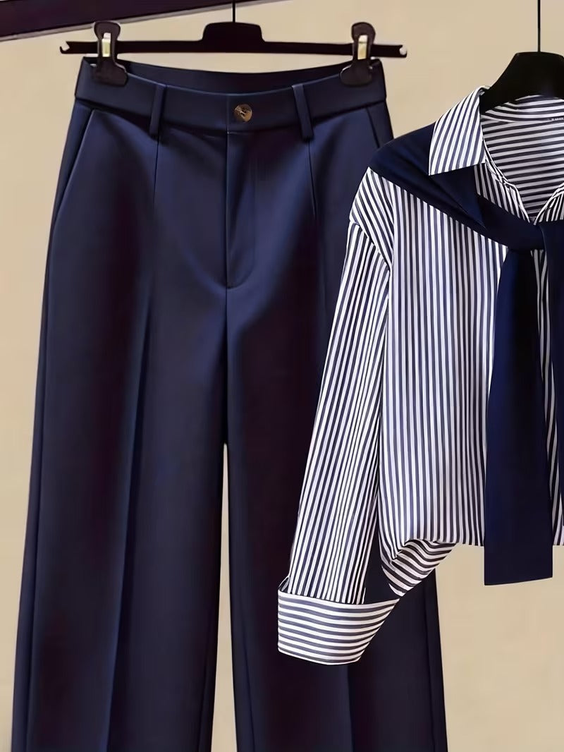 Women’s Autumn 3-Piece Outfit Set – Striped Scarf, Casual Shirt & High-Waist Wide-Leg Pants