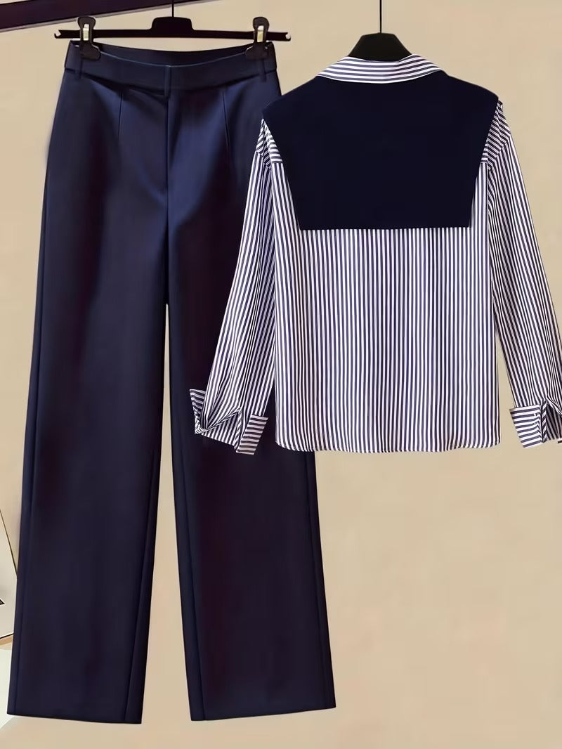 Women’s Autumn 3-Piece Outfit Set – Striped Scarf, Casual Shirt & High-Waist Wide-Leg Pants