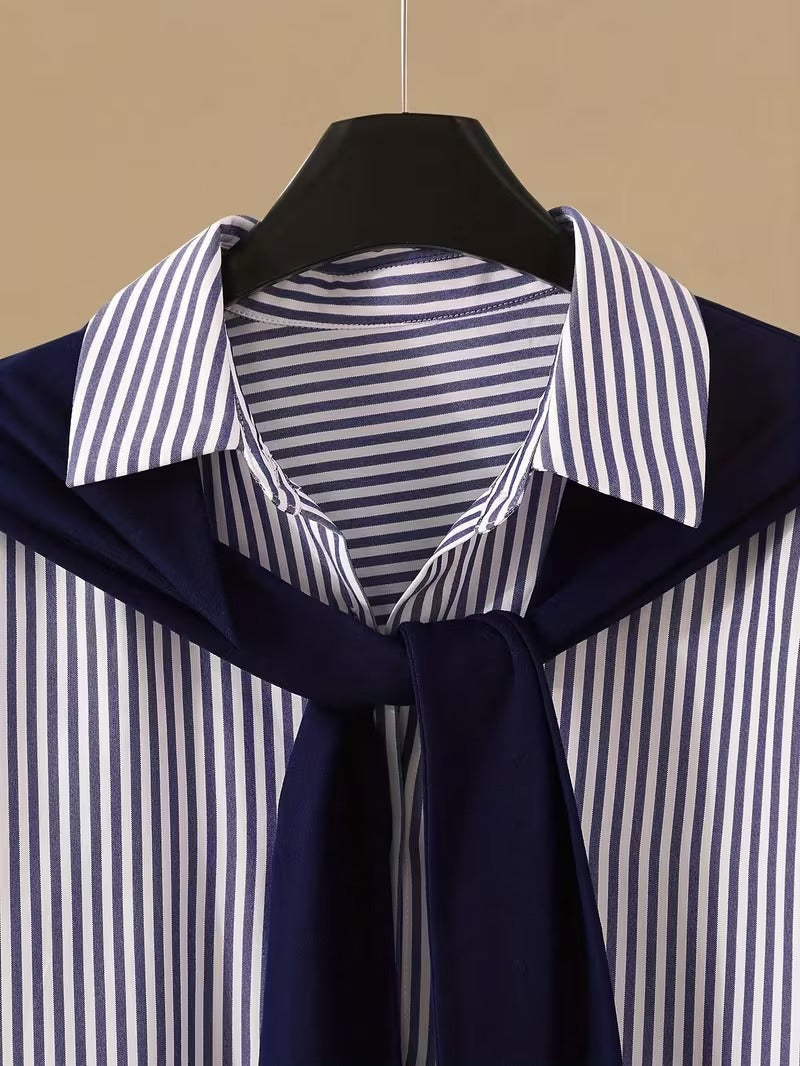 Women’s Autumn 3-Piece Outfit Set – Striped Scarf, Casual Shirt & High-Waist Wide-Leg Pants