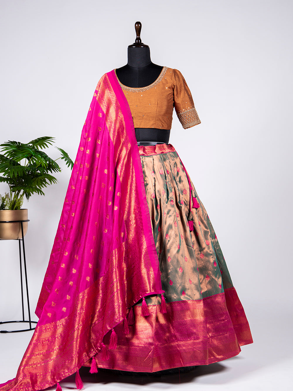 Mehendi Color Zari Weaving Work Jacquard Lehenga Choli