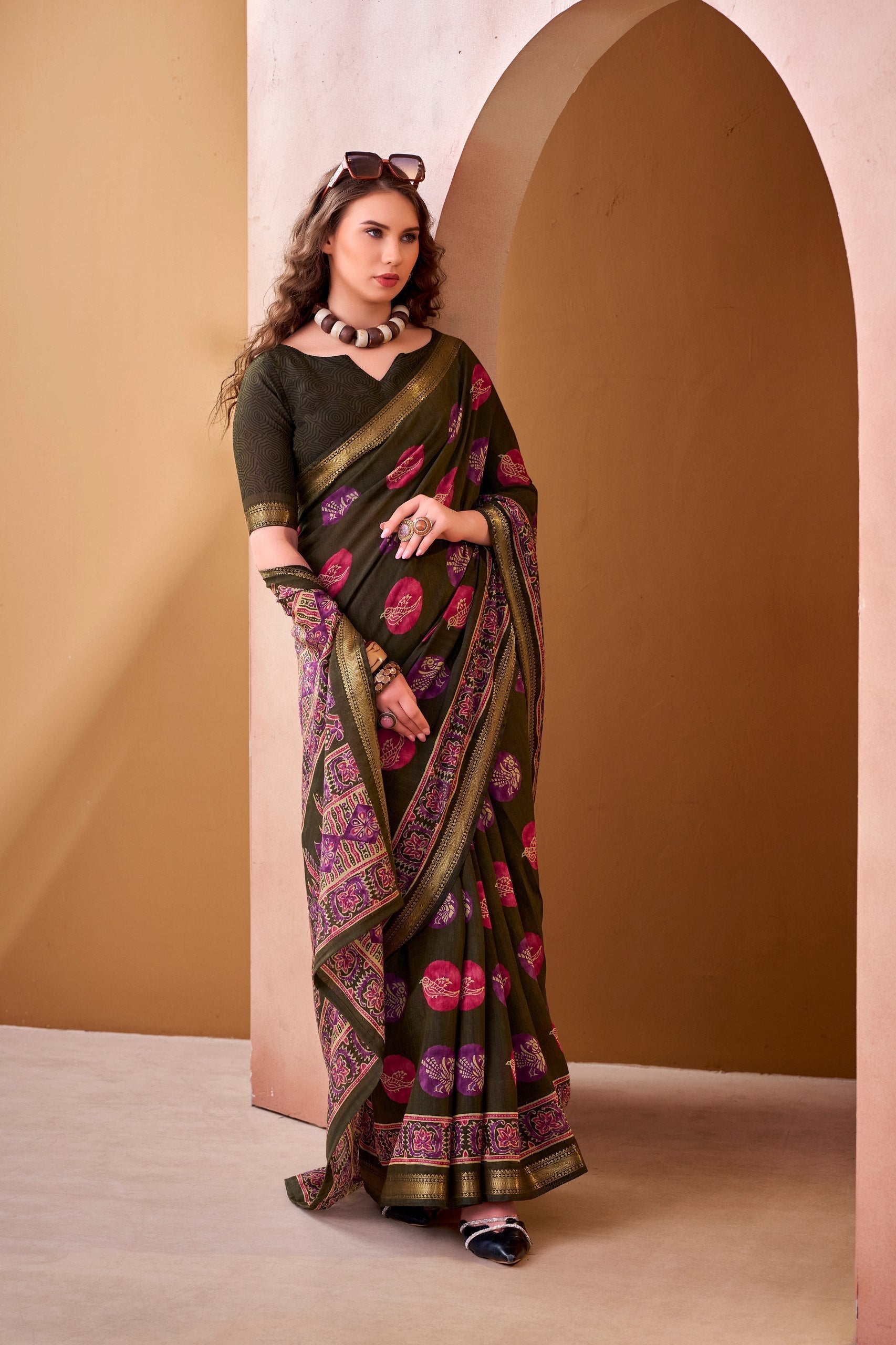 Mehendi Chanderi Printed Saree