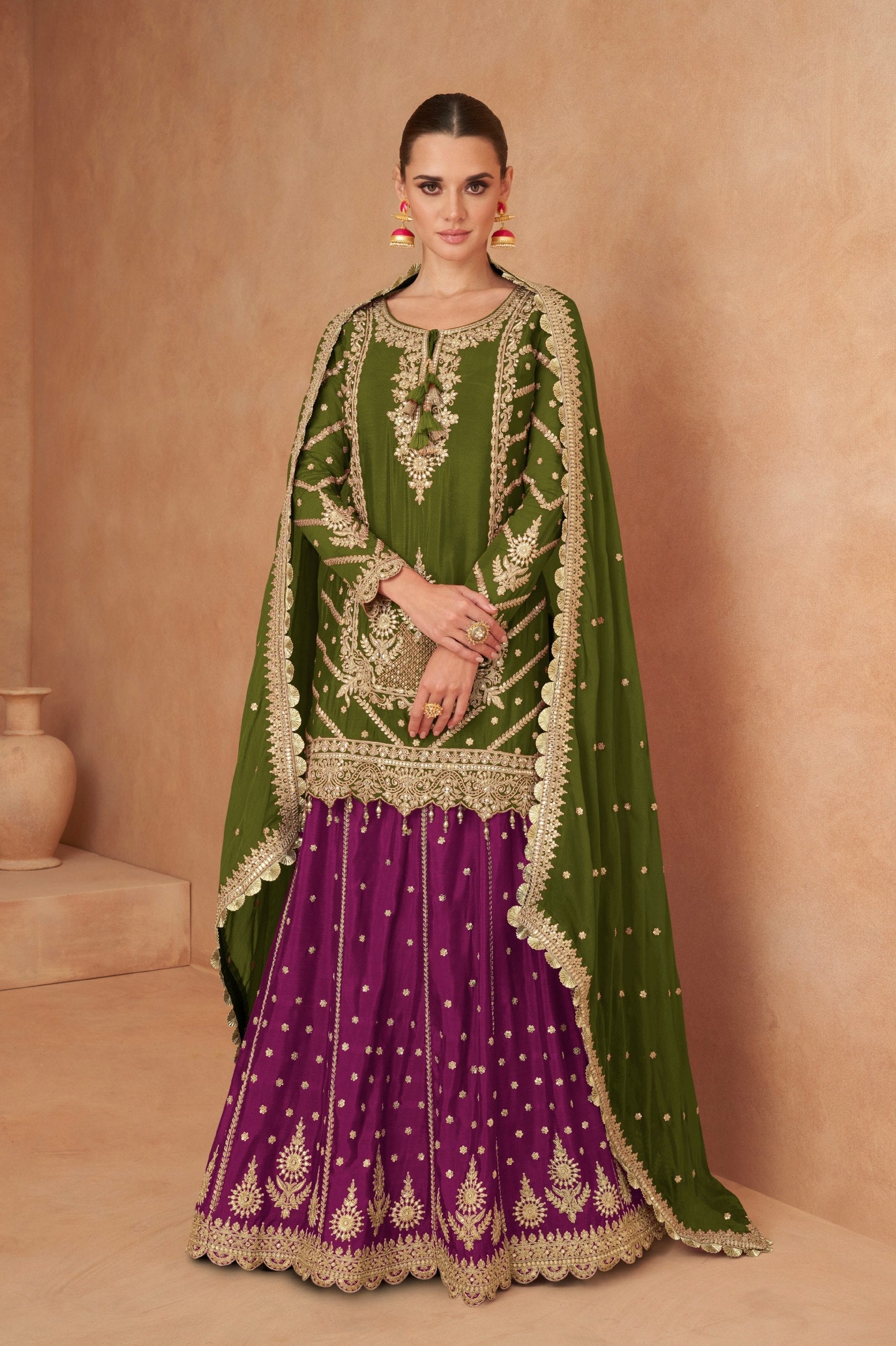 Mehendi Chinon Embroidered Lehenga Set with Dupatta