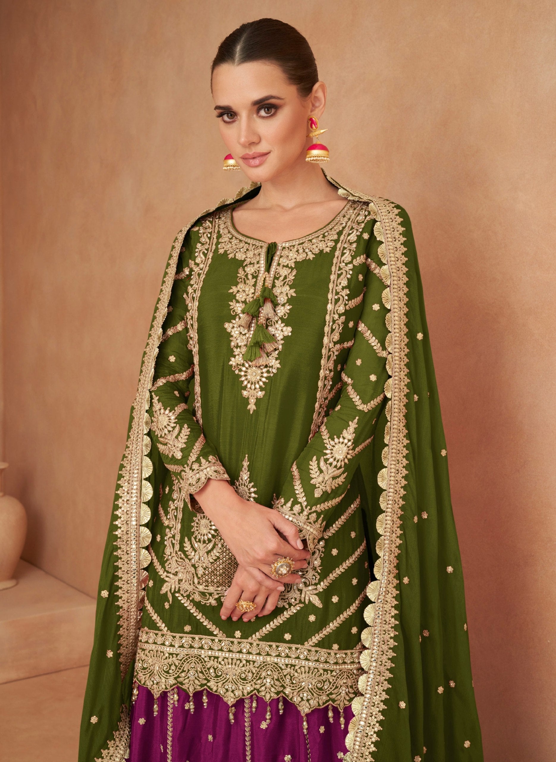 Mehendi Chinon Embroidered Lehenga Set with Dupatta