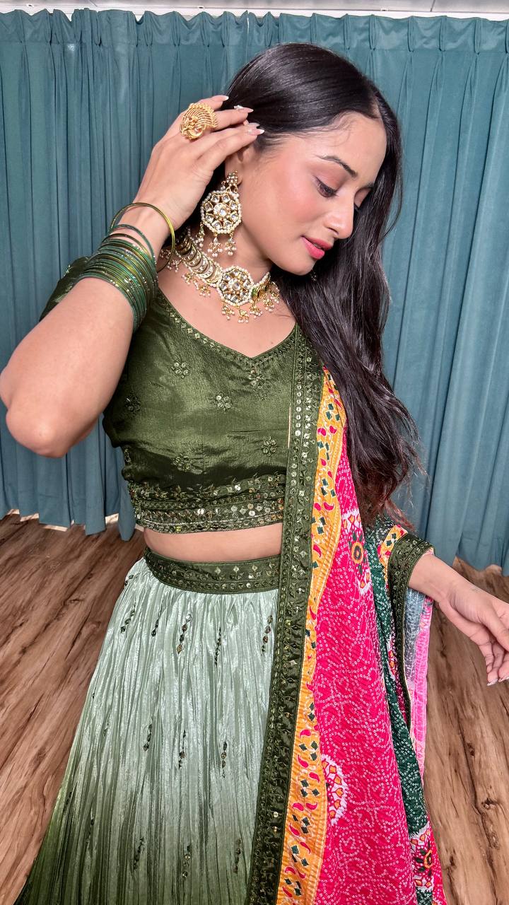 Mehendi Cultural Grace – Elegant Chinon Silk Lehenga Set