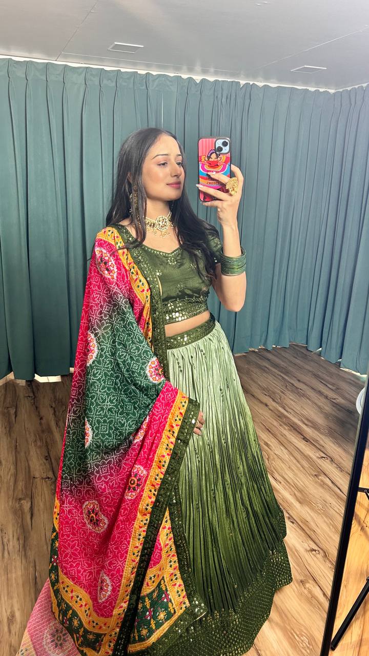 Mehendi Cultural Grace – Elegant Chinon Silk Lehenga Set