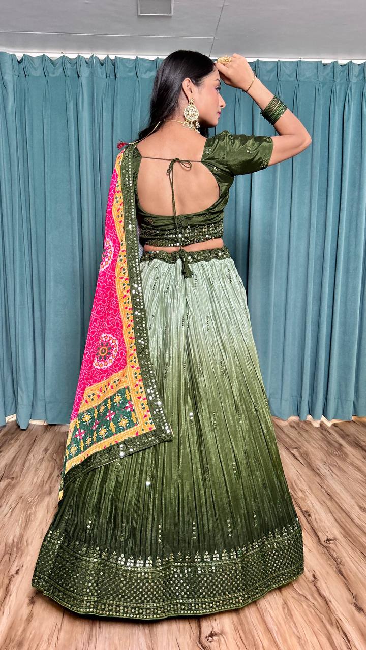 Mehendi Cultural Grace – Elegant Chinon Silk Lehenga Set