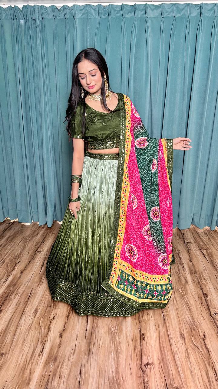 Mehendi Cultural Grace – Elegant Chinon Silk Lehenga Set