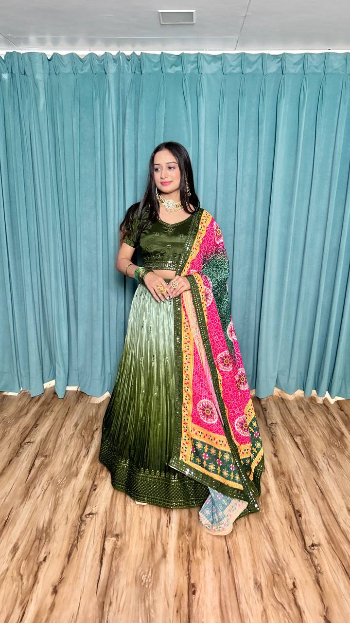 Mehendi Cultural Grace – Elegant Chinon Silk Lehenga Set