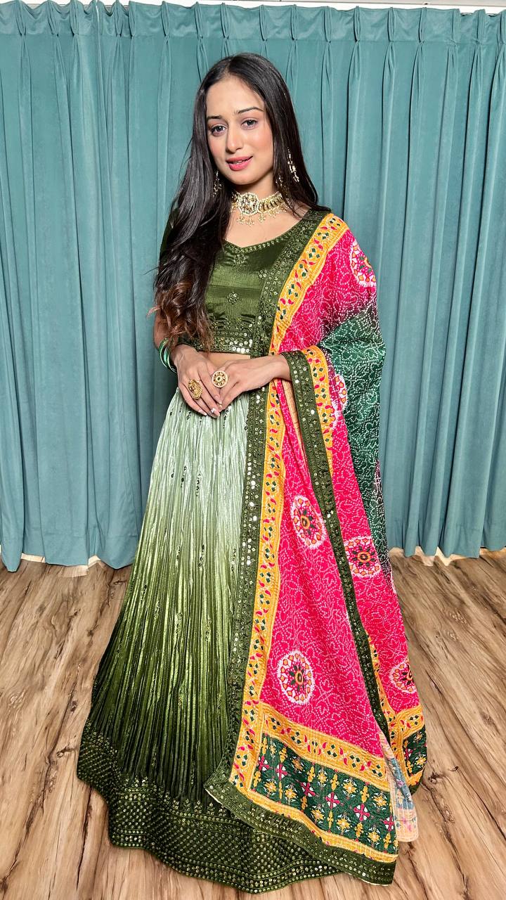 Mehendi Cultural Grace – Elegant Chinon Silk Lehenga Set