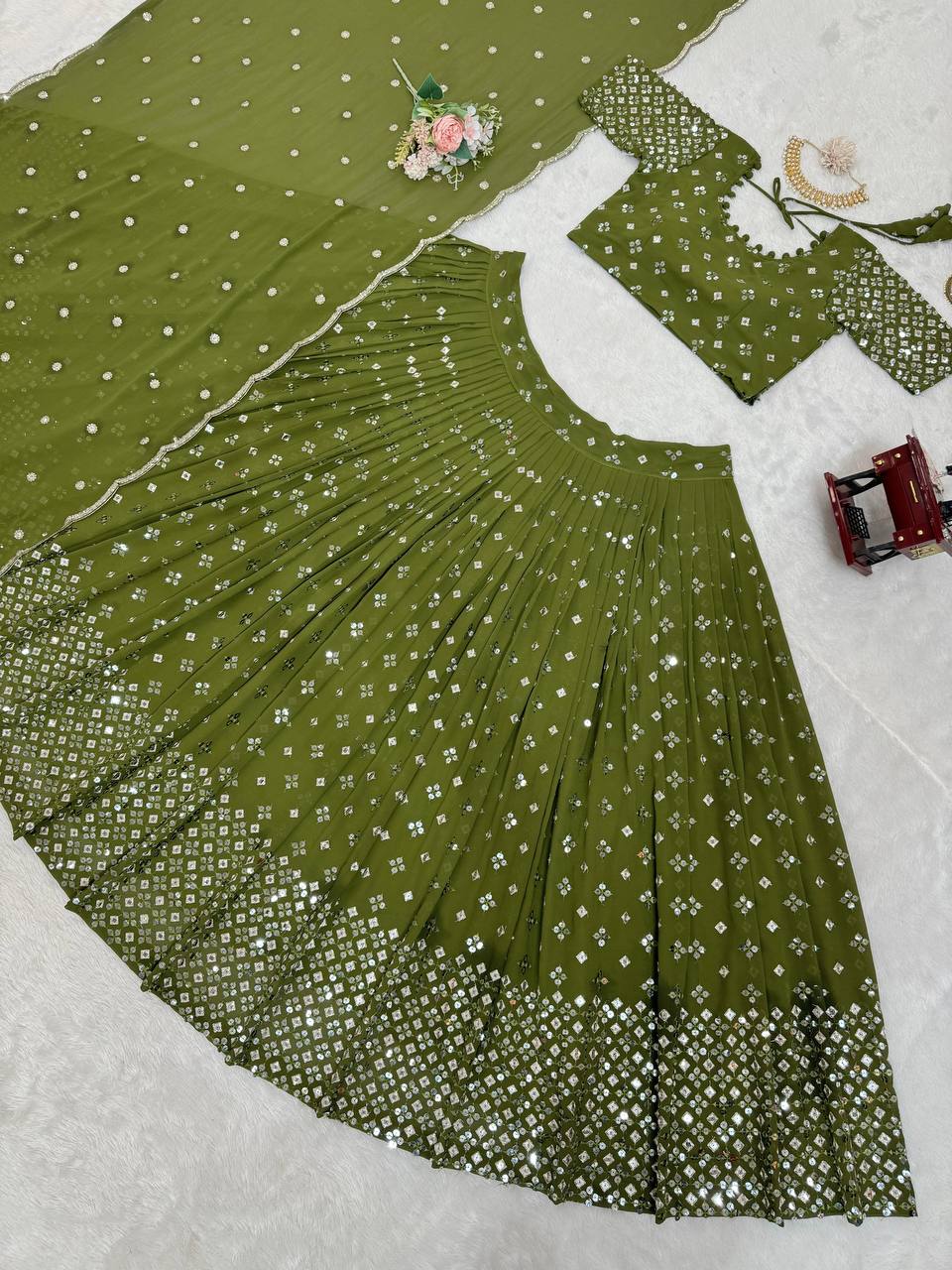Mehendi Designer Faux Georgette Semi-Stitched Lehenga Set with 9mm Sequin Embroidery & Cutwork Dupatta