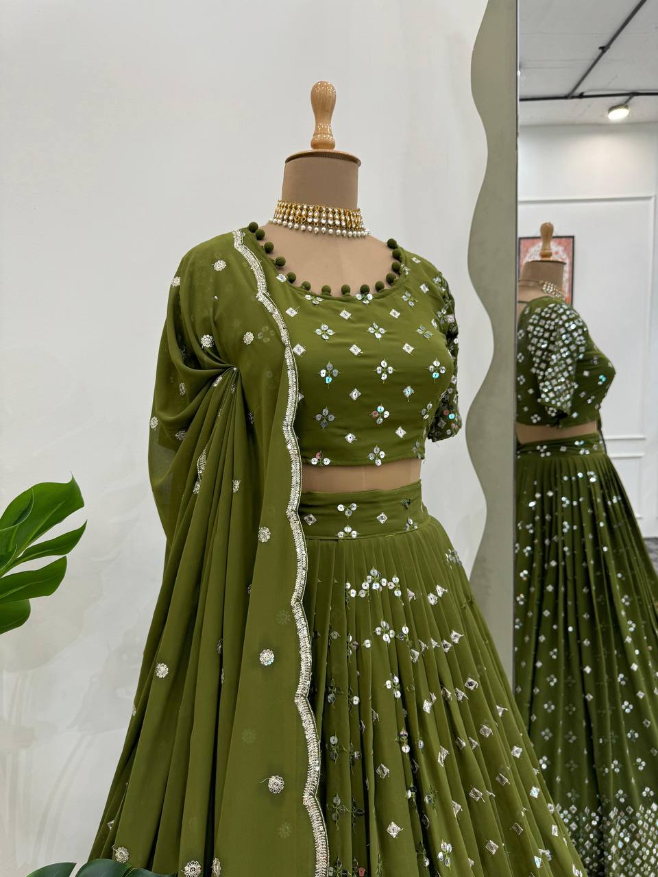 Mehendi Designer Faux Georgette Semi-Stitched Lehenga Set with 9mm Sequin Embroidery & Cutwork Dupatta