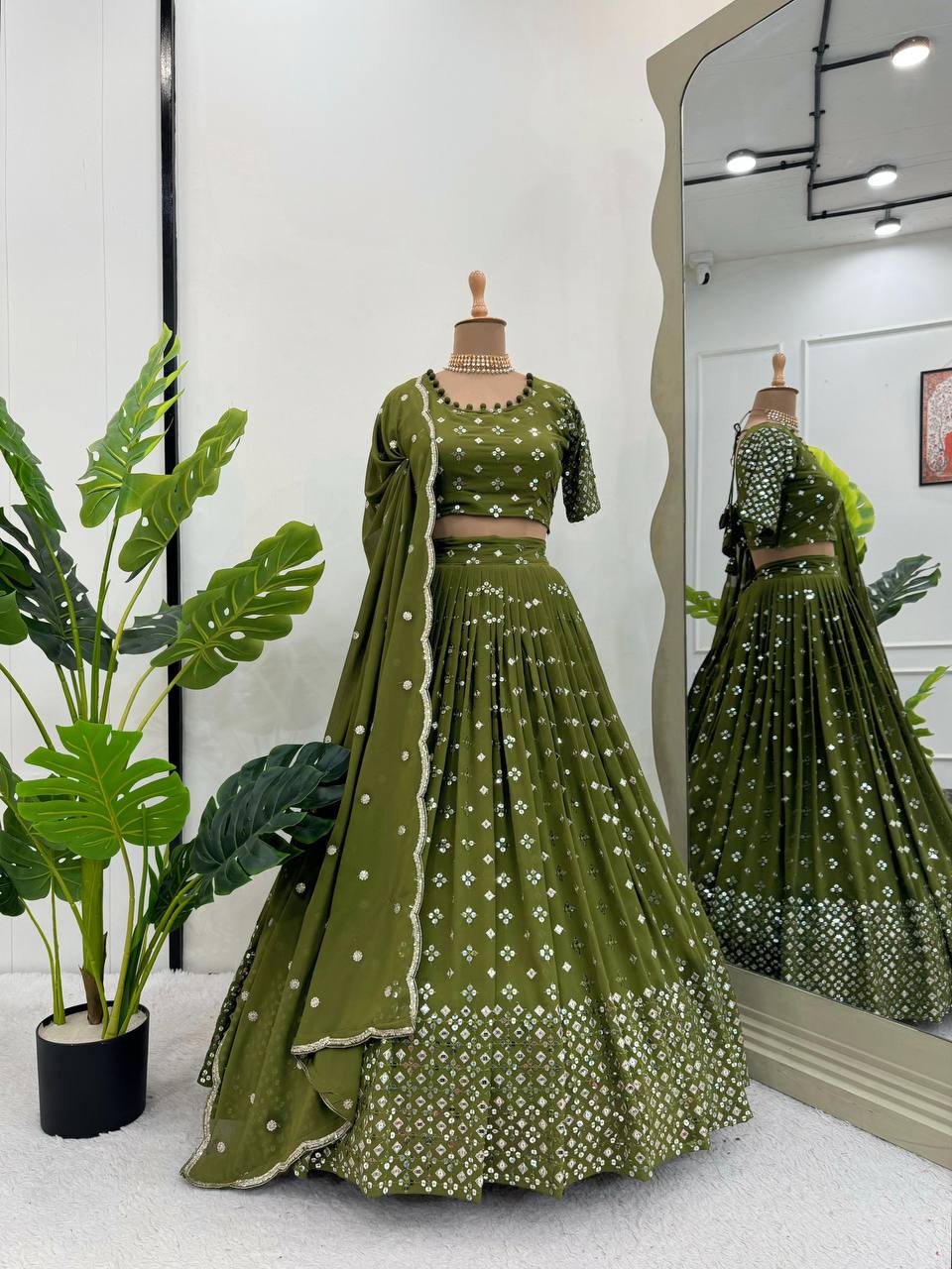 Mehendi Designer Faux Georgette Semi-Stitched Lehenga Set with 9mm Sequin Embroidery & Cutwork Dupatta