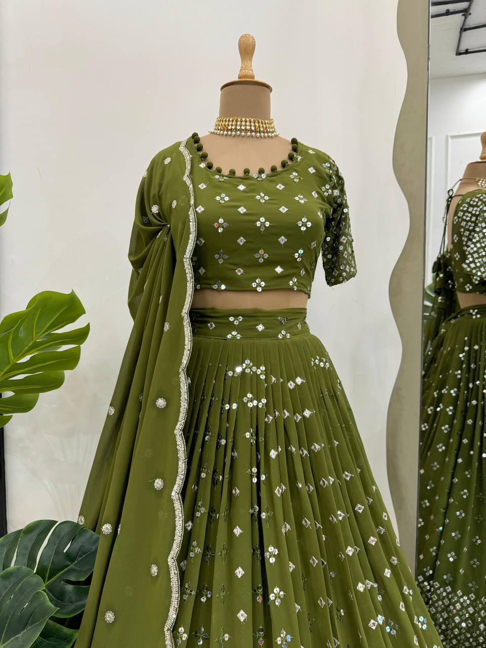 Mehendi Designer Faux Georgette Semi-Stitched Lehenga Set with 9mm Sequin Embroidery & Cutwork Dupatta