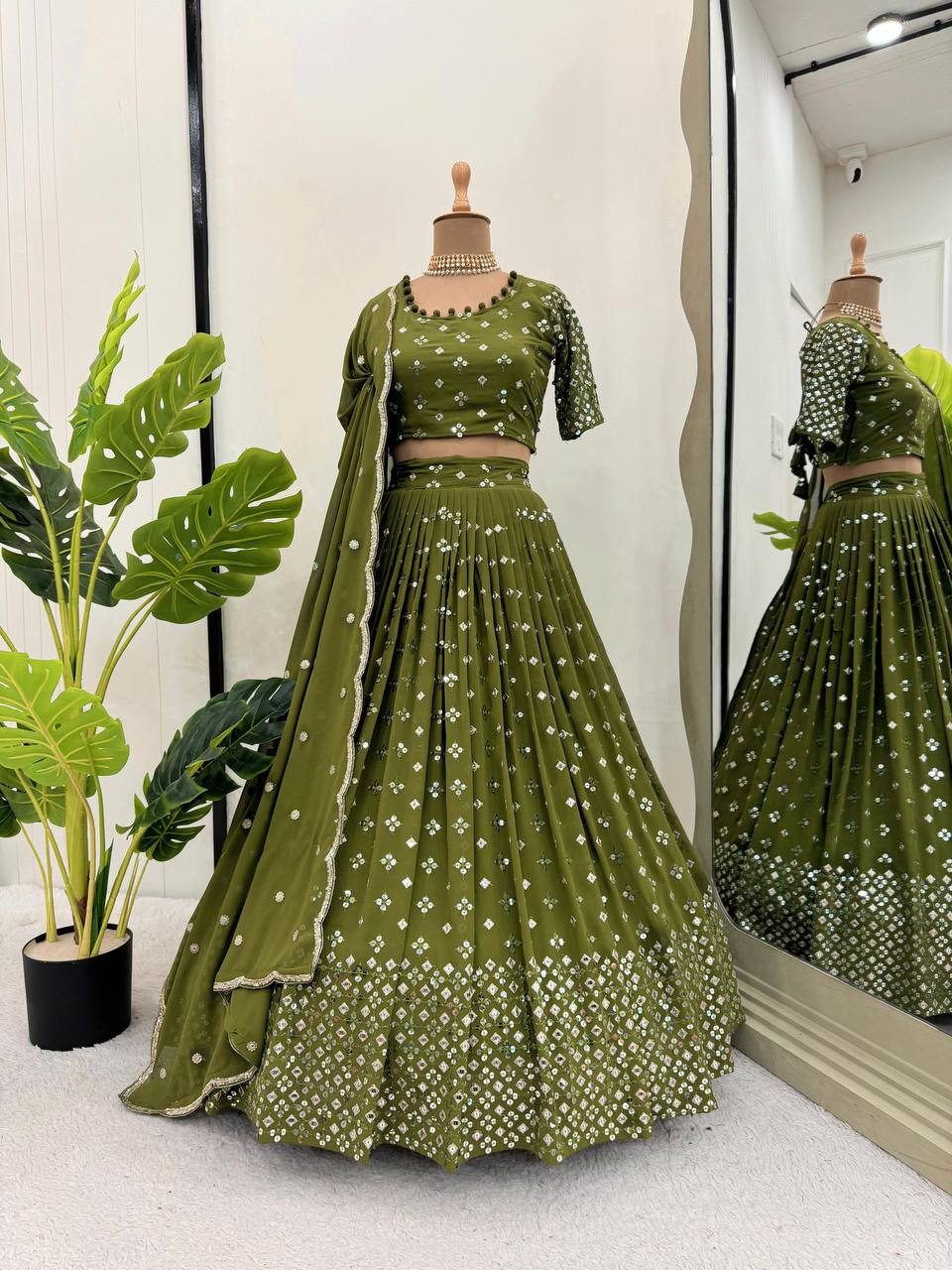Mehendi Designer Faux Georgette Semi-Stitched Lehenga Set with 9mm Sequin Embroidery & Cutwork Dupatta