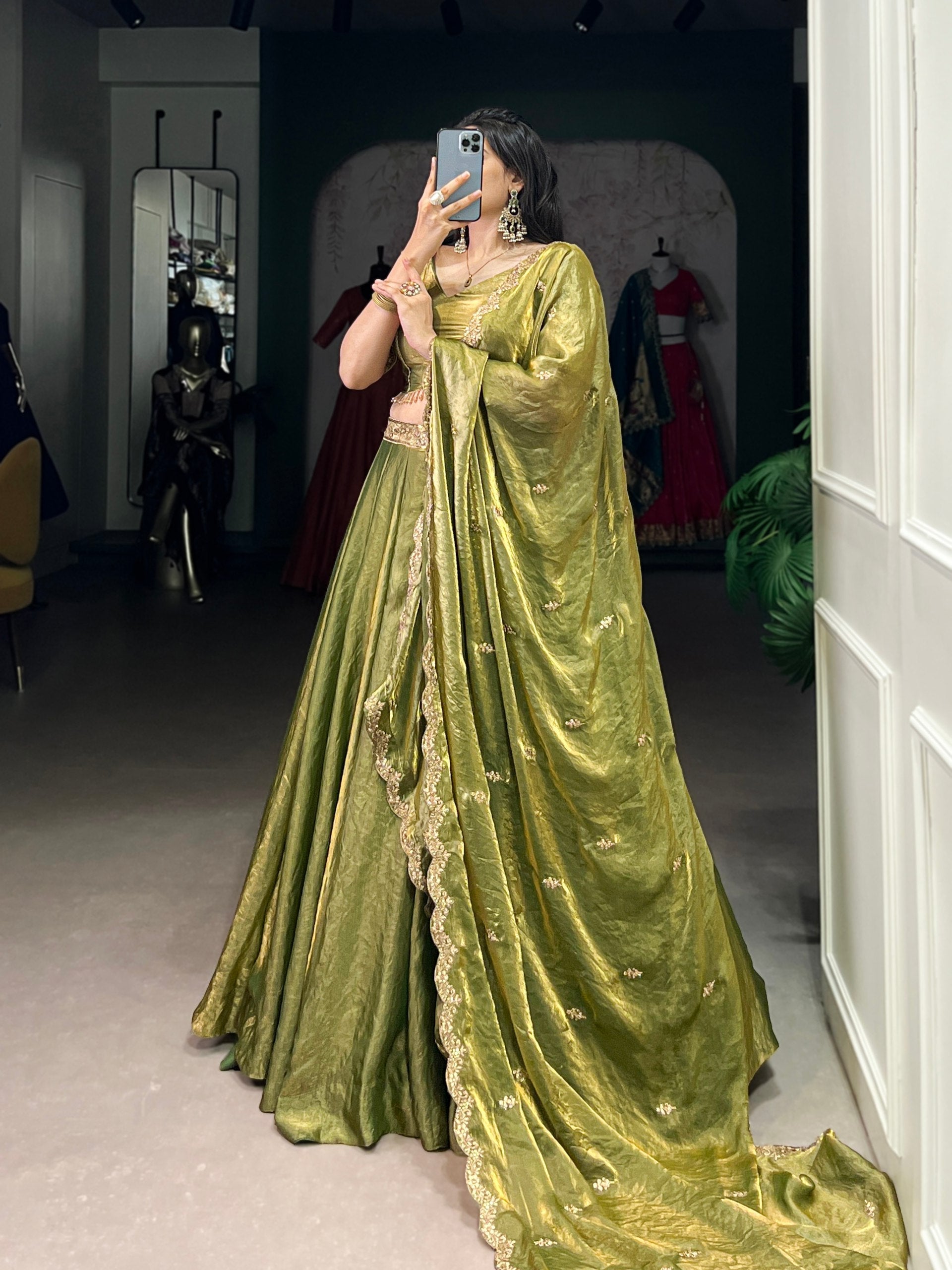 Mehendi Designer Fendi Lehenga Choli Set with Sequins & Thread Embroidery  Heavy Flair Stitched Lehenga with Dupatta