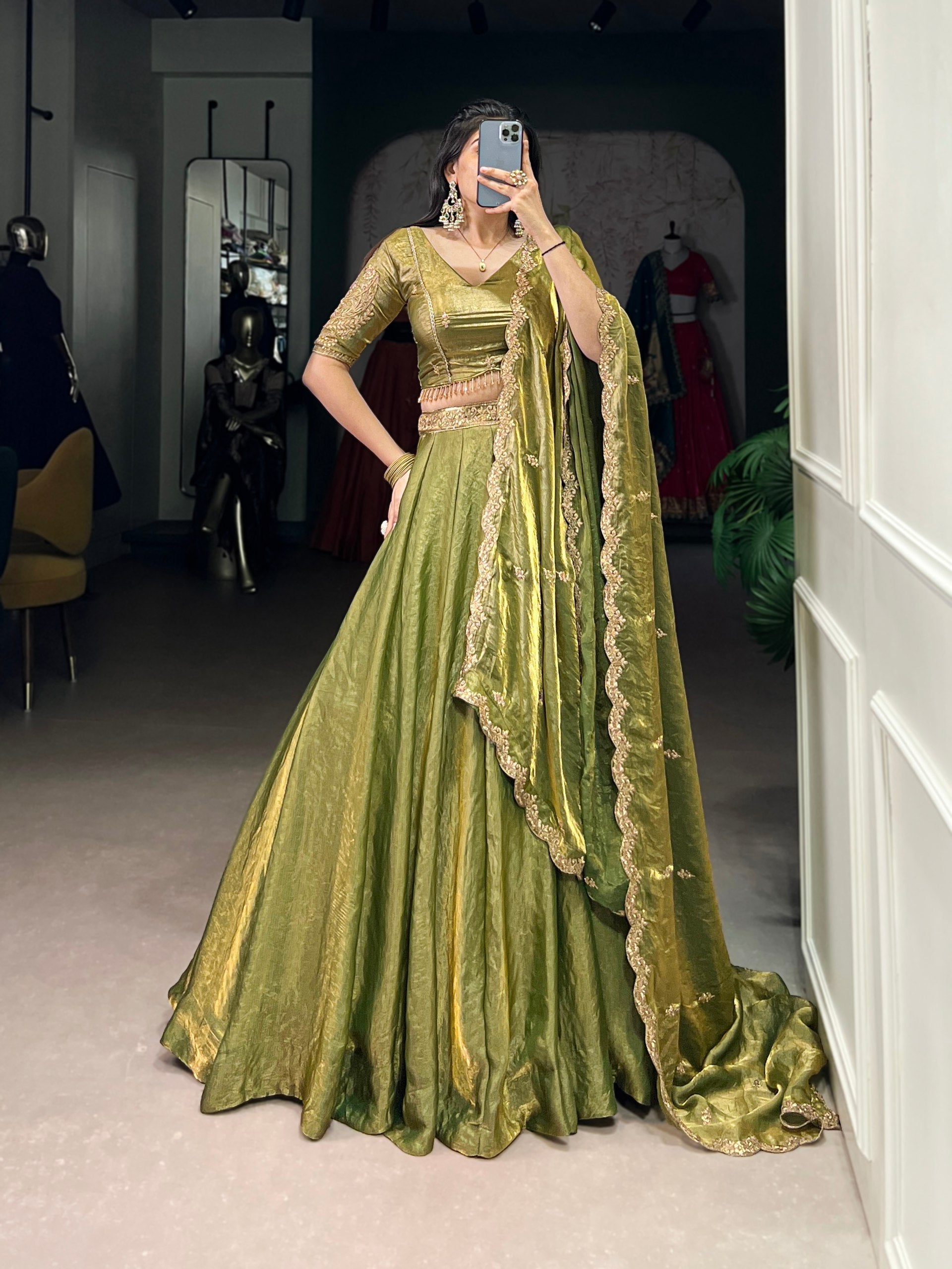 Mehendi Designer Fendi Lehenga Choli Set with Sequins & Thread Embroidery  Heavy Flair Stitched Lehenga with Dupatta
